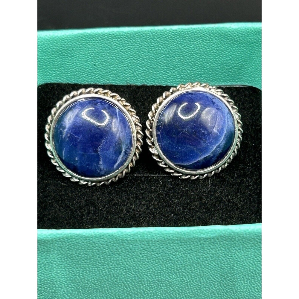 Vintage Mexican Sterling Silver‎ Lapis Lazuli Button Statement Earrings 5.58 g